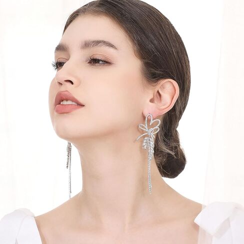 Frwiskp Wedding Earrings for Brides, Silver Earrings for Women, 18K White Gold Plated Sterling Silver Post Cubic Zirconia Dangle Earrings, Clear Crystal Hypoallergenic Chandelier/Tassel Earrings in Saudi Arabia
