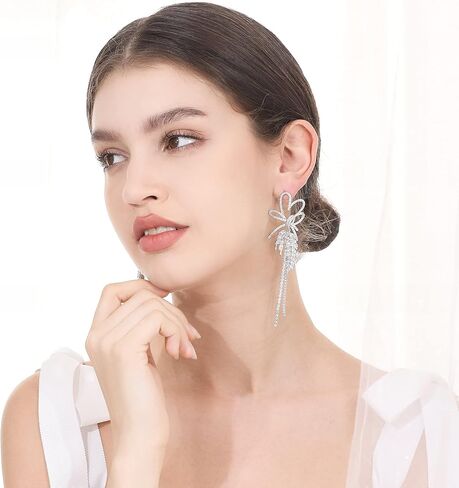 Frwiskp Wedding Earrings for Brides, Silver Earrings for Women, 18K White Gold Plated Sterling Silver Post Cubic Zirconia Dangle Earrings, Clear Crystal Hypoallergenic Chandelier/Tassel Earrings in Saudi Arabia