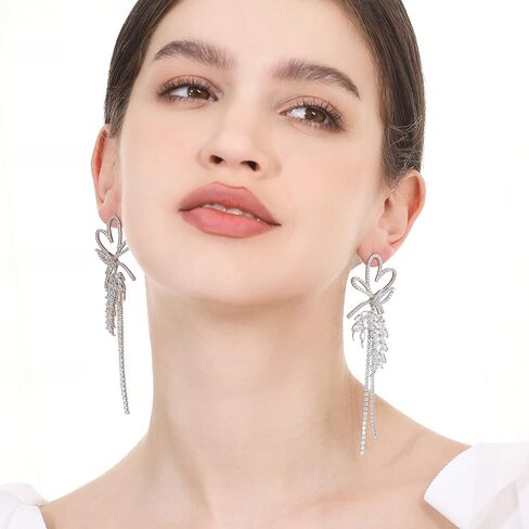 Frwiskp Wedding Earrings for Brides, Silver Earrings for Women, 18K White Gold Plated Sterling Silver Post Cubic Zirconia Dangle Earrings, Clear Crystal Hypoallergenic Chandelier/Tassel Earrings in Saudi Arabia