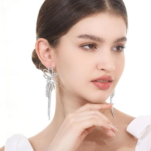 Frwiskp Wedding Earrings for Brides, Silver Earrings for Women, 18K White Gold Plated Sterling Silver Post Cubic Zirconia Dangle Earrings, Clear Crystal Hypoallergenic Chandelier/Tassel Earrings in Saudi Arabia