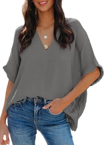 قمصان Dokotoo النسائية الكاجوال بأكمام قصيرة ورقبة على شكل حرف V وبلوزات علوية كبيرة الحجم in Kuwait