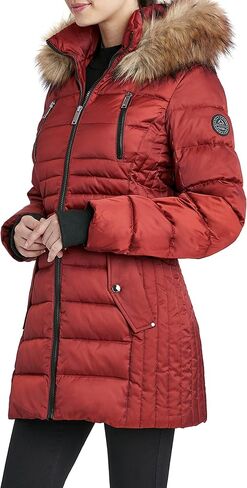 سترة HFX النسائية 3/4 متوسطة الوزن منتفخة بزر أمامي من الفرو الصناعي قلنسوة بسحاب وجيب على الصدر مقاومة للماء معطف 31 بوصة in Kuwait