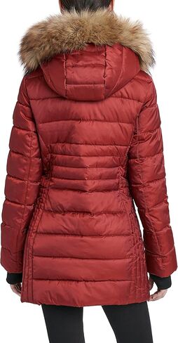 سترة HFX النسائية 3/4 متوسطة الوزن منتفخة بزر أمامي من الفرو الصناعي قلنسوة بسحاب وجيب على الصدر مقاومة للماء معطف 31 بوصة in Kuwait