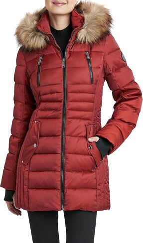 سترة HFX النسائية 3/4 متوسطة الوزن منتفخة بزر أمامي من الفرو الصناعي قلنسوة بسحاب وجيب على الصدر مقاومة للماء معطف 31 بوصة in Kuwait