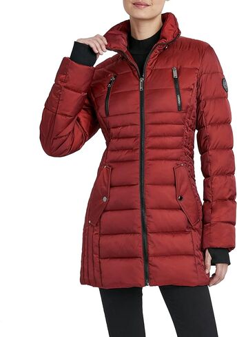 سترة HFX النسائية 3/4 متوسطة الوزن منتفخة بزر أمامي من الفرو الصناعي قلنسوة بسحاب وجيب على الصدر مقاومة للماء معطف 31 بوصة in Kuwait