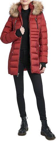 سترة HFX النسائية 3/4 متوسطة الوزن منتفخة بزر أمامي من الفرو الصناعي قلنسوة بسحاب وجيب على الصدر مقاومة للماء معطف 31 بوصة in Kuwait