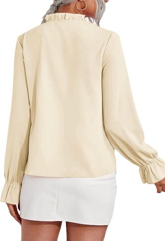 LYANER Women's Ruffle V Neck Solid Long Sleeve Chiffon Blouse Shirt Top in Saudi Arabia