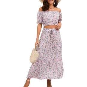 BLUEMING طقم نسائي صيفي مطبوع عليه زهور مكون من قطعتين بدون أكتاف ومجموعة تنورة طويلة استوائية بوهو