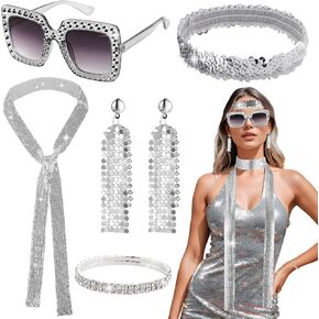 Lnrueg 6 PCS Disco Party Outfit, Women Disco Ball Earrings, Sequin Disco Scarf Necklace Rhinestone Glasses, Disco Party Favors Supplies Club Musical Festival Outfit in Saudi Arabia