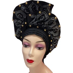 SugeGasa Nigerian Aso Oke Auto Gele Headties with Beads&Stones Already Made African Head Wrap Women Turban Cap Headbands