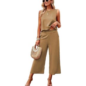 HangNiFang Womens Summer Casual 2 Piece Outfits Round Neck Crop Top Cropped Wide Leg Pants Jumpsuit with Pockets