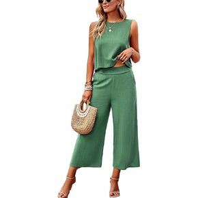 HangNiFang Womens Summer Casual 2 Piece Outfits Round Neck Crop Top Cropped Wide Leg Pants Jumpsuit with Pockets