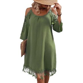 WDIRARA Women's Contrast Lace Cold Shoulder Scoop Neck Fringe Hem Short Dress