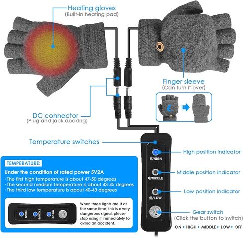 Unisex USB Heated Gloves Adjustable Temperature Winter Full & Half Fingers Warmer Laptop Gloves Mittens for Women Men Girls Boys in Kuwait