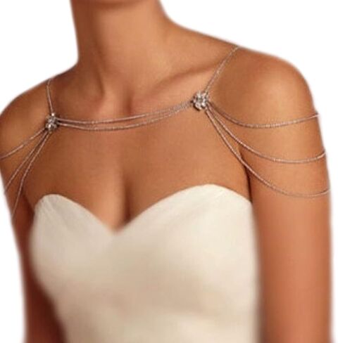 سلسلة الكتف الفاخرة حجر الراين قلادة طبقات عودة سلسلة زهرة الكريستال الكتف حزام سلسلة بيان الزفاف مجوهرات للنساء in Kuwait