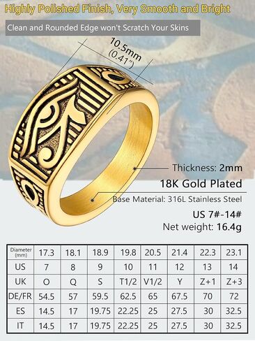 PROSTEEL Vintage Eye Of Horus Rings, Gold Plated/Black Stainless Steel Ankh Ring, Ancient Egyptians Symbol Amulet Protection Jewelry, 7-#14, Come Gift Box in Saudi Arabia