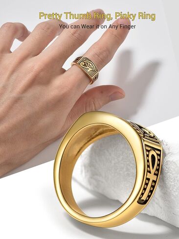 PROSTEEL Vintage Eye Of Horus Rings, Gold Plated/Black Stainless Steel Ankh Ring, Ancient Egyptians Symbol Amulet Protection Jewelry, 7-#14, Come Gift Box in Saudi Arabia