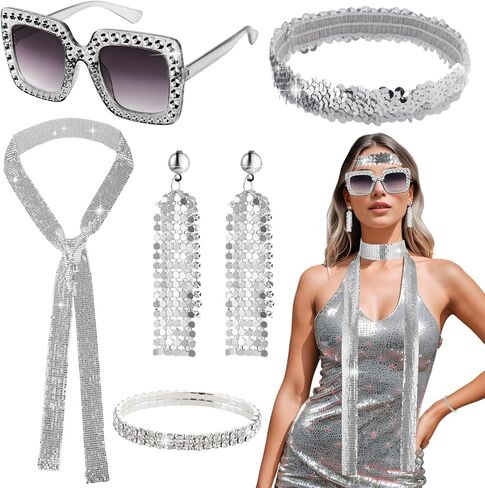 Lnrueg 5 PCS 70s Disco Accessories Women - Disco Jewelry for Women 70 s - Disco Earrings Sequin Scarf Sunglasses Diamond Headband Necklace in Saudi Arabia