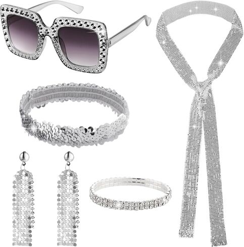 Lnrueg 5 PCS 70s Disco Accessories Women - Disco Jewelry for Women 70 s - Disco Earrings Sequin Scarf Sunglasses Diamond Headband Necklace in Saudi Arabia