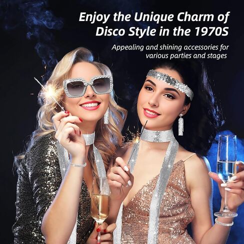 Lnrueg 5 PCS 70s Disco Accessories Women - Disco Jewelry for Women 70 s - Disco Earrings Sequin Scarf Sunglasses Diamond Headband Necklace in Saudi Arabia