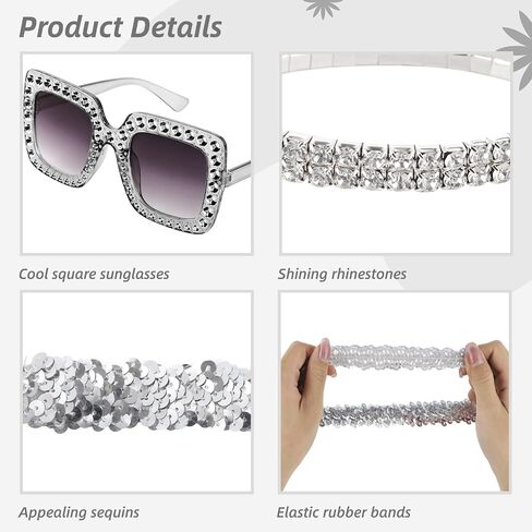 Lnrueg 5 PCS 70s Disco Accessories Women - Disco Jewelry for Women 70 s - Disco Earrings Sequin Scarf Sunglasses Diamond Headband Necklace in Saudi Arabia