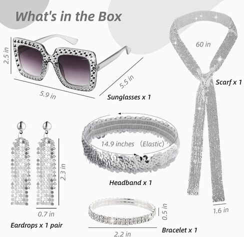Lnrueg 5 PCS 70s Disco Accessories Women - Disco Jewelry for Women 70 s - Disco Earrings Sequin Scarf Sunglasses Diamond Headband Necklace in Saudi Arabia