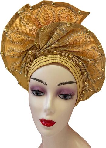SugeGasa Nigerian Aso Oke Auto Gele Headties with Beads&Stones Already Made African Head Wrap Women Turban Cap Headbands in Saudi Arabia