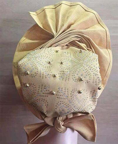 SugeGasa Nigerian Aso Oke Auto Gele Headties with Beads&Stones Already Made African Head Wrap Women Turban Cap Headbands in Saudi Arabia