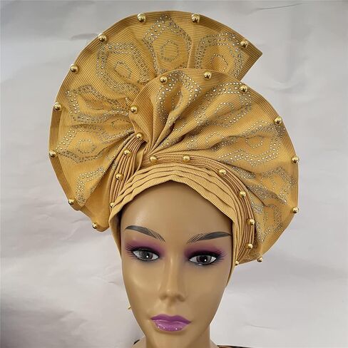 SugeGasa Nigerian Aso Oke Auto Gele Headties with Beads&Stones Already Made African Head Wrap Women Turban Cap Headbands in Saudi Arabia