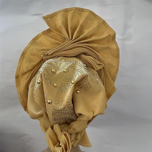 SugeGasa Nigerian Aso Oke Auto Gele Headties with Beads&Stones Already Made African Head Wrap Women Turban Cap Headbands in Saudi Arabia