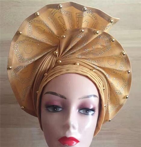 SugeGasa Nigerian Aso Oke Auto Gele Headties with Beads&Stones Already Made African Head Wrap Women Turban Cap Headbands in Saudi Arabia
