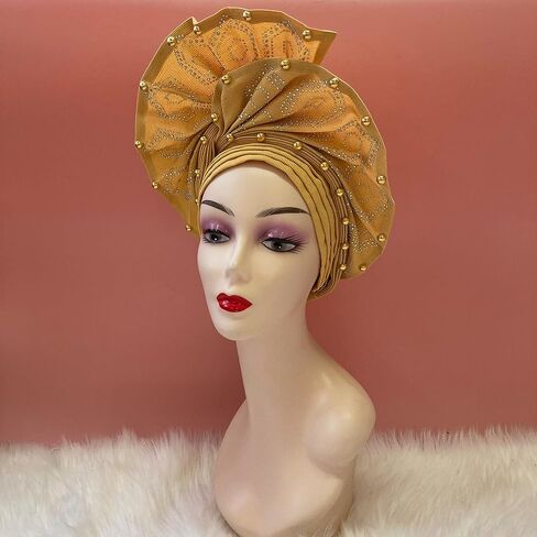 SugeGasa Nigerian Aso Oke Auto Gele Headties with Beads&Stones Already Made African Head Wrap Women Turban Cap Headbands in Saudi Arabia