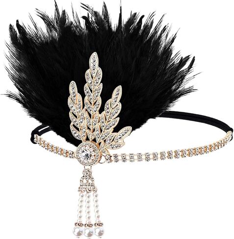 FERCAISH 1920s Flapper Headband، طافوا 20S الوردي ريشة كريستال عقال البكالوريوس حزب ريشة عقال، اكسسوارات الشعر غاتسبي العظيم للنساء (الوردي) in Kuwait