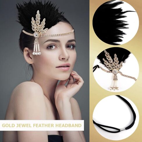FERCAISH 1920s Flapper Headband، طافوا 20S الوردي ريشة كريستال عقال البكالوريوس حزب ريشة عقال، اكسسوارات الشعر غاتسبي العظيم للنساء (الوردي) in Kuwait