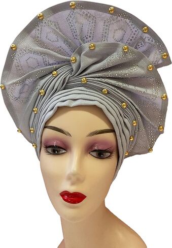 SugeGasa Nigerian Aso Oke Auto Gele Headties with Beads&Stones Already Made African Head Wrap Women Turban Cap Headbands in Saudi Arabia