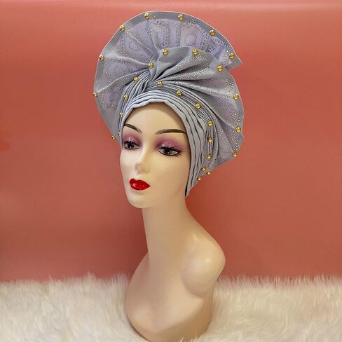 SugeGasa Nigerian Aso Oke Auto Gele Headties with Beads&Stones Already Made African Head Wrap Women Turban Cap Headbands in Saudi Arabia