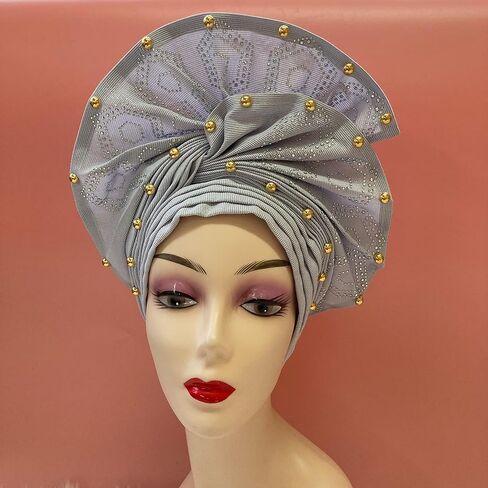 SugeGasa Nigerian Aso Oke Auto Gele Headties with Beads&Stones Already Made African Head Wrap Women Turban Cap Headbands in Saudi Arabia