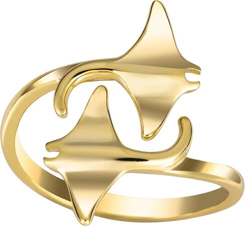 925 Sterling Silver Two Manta Ray Adjustable Easy Resize Wrap Around Bypass Ring Eternity Band, 14K Gold Plated, Nickel Free Hypoallergenic for Sensitive Skin, Island Tropical Jewelry with Gift Box in Saudi Arabia
