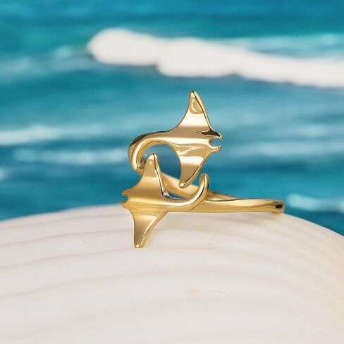 925 Sterling Silver Two Manta Ray Adjustable Easy Resize Wrap Around Bypass Ring Eternity Band, 14K Gold Plated, Nickel Free Hypoallergenic for Sensitive Skin, Island Tropical Jewelry with Gift Box in Saudi Arabia