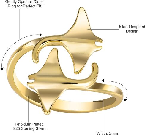 925 Sterling Silver Two Manta Ray Adjustable Easy Resize Wrap Around Bypass Ring Eternity Band, 14K Gold Plated, Nickel Free Hypoallergenic for Sensitive Skin, Island Tropical Jewelry with Gift Box in Saudi Arabia