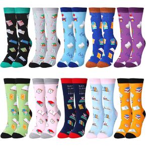 Therwen 10 Pairs Women's Volleyball Dental Teeth Music Reading Books Smiling Face Socks Novelty Golf Basketball Socks