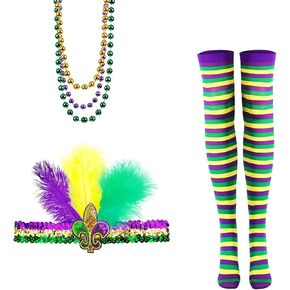 مجموعة إكسسوارات أزياء ماردي غرا مكونة من 3 قطع، جوارب طويلة مخططة من ماردي غرا، عصابة رأس من الريش المطاطي بالترتر، قلادات خرز ملونة للنساء in Kuwait