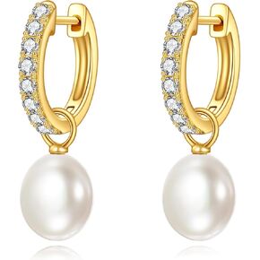 Yellow Gold Pearl Drop Leverback Earrings Fine Gold Classical Freshwater Pearl Hoop Earrings Christmas Gifts for Women Girls in Kuwait