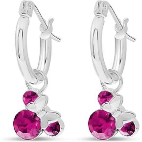Disney Minnie Mouse Jewelry, Crystal Birthstone Silver Plated Hoop Dangle Earrings, Latch Back