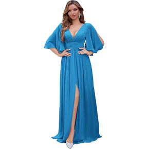 DMOMOG Flutter Sleeve Chiffon Bridesmaid Dresses for Women A Line Pleated Long Prom Gown Formal Evening Gown with Slit