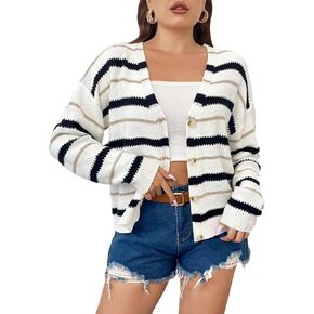 SweatyRocks Women's Plus Size Striped Pattern Long Sleeve V Neck Drop Shoulder Button Front Cardigan Sweaters in Saudi Arabia