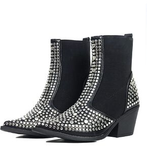 ميلوسي حذاء تشيلسي بطول الكاحل للنساء بمقدمة مدببة، حذاء قتالي مرن بكعب عريض وتصميم غربي سهل الارتداء in Kuwait