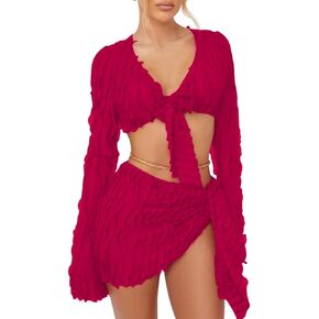 Azhong المرأة مثير كشكش 2 قطعة التنانير طويلة الأكمام العميق الخامس رابطة عنق الجبهة المحاصيل الأعلى و الجانب التعادل تنورة صغيرة مجموعة in Kuwait