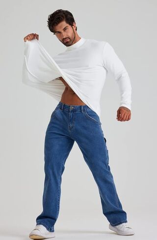 بنطال جينز LONGBIDA للرجال ذو قصة مريحة وكلاسيكية مستقيمة الساق in Kuwait