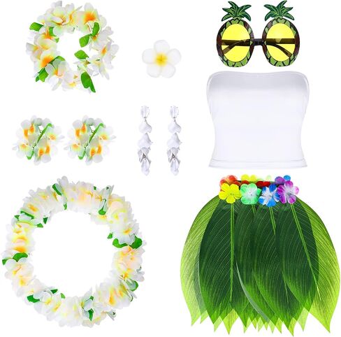 Hicarer 9 Pcs Hawaiian Costumes Accessories Women Luau Outfit Tropical Hula Grass Skirts for Luau Party Halloween Costumes in Saudi Arabia